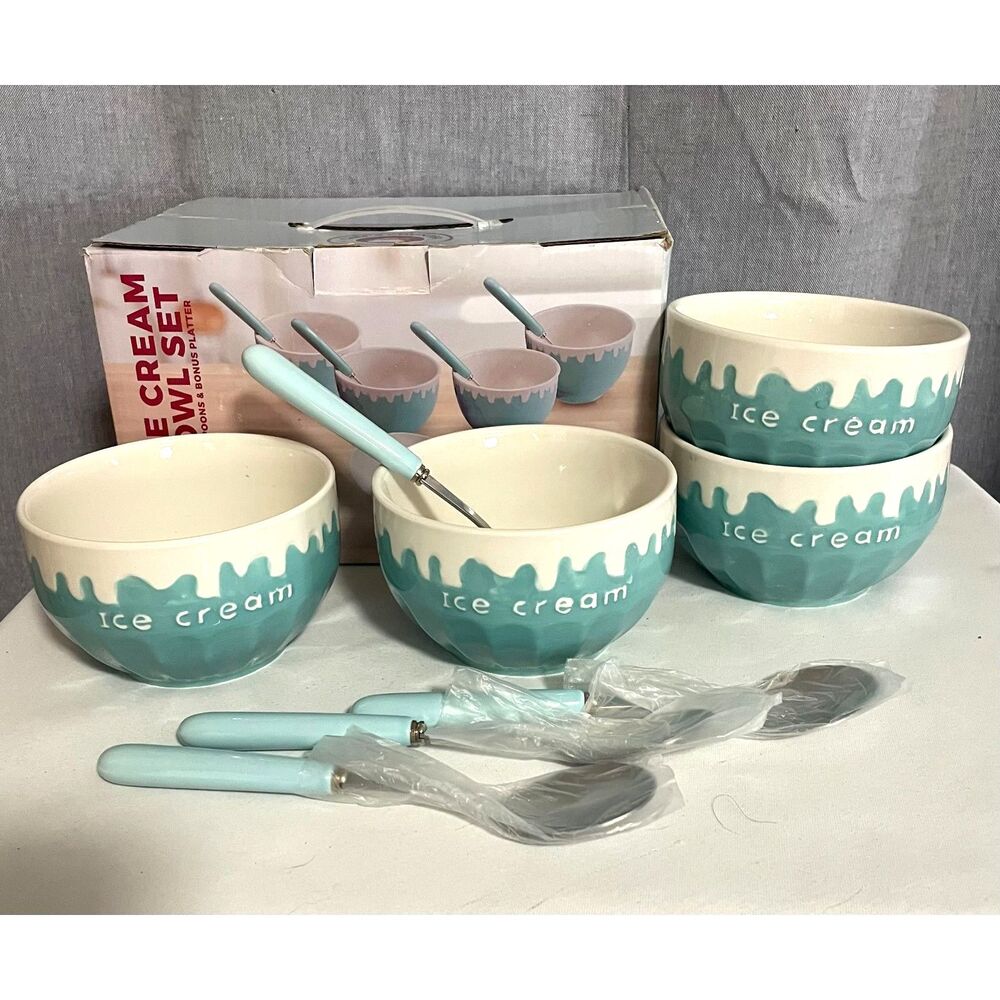 Chef’s Counter Ice Cream Bowl Set 4 Bowls 4 Spoons Blue Ceramic Summer Fun
